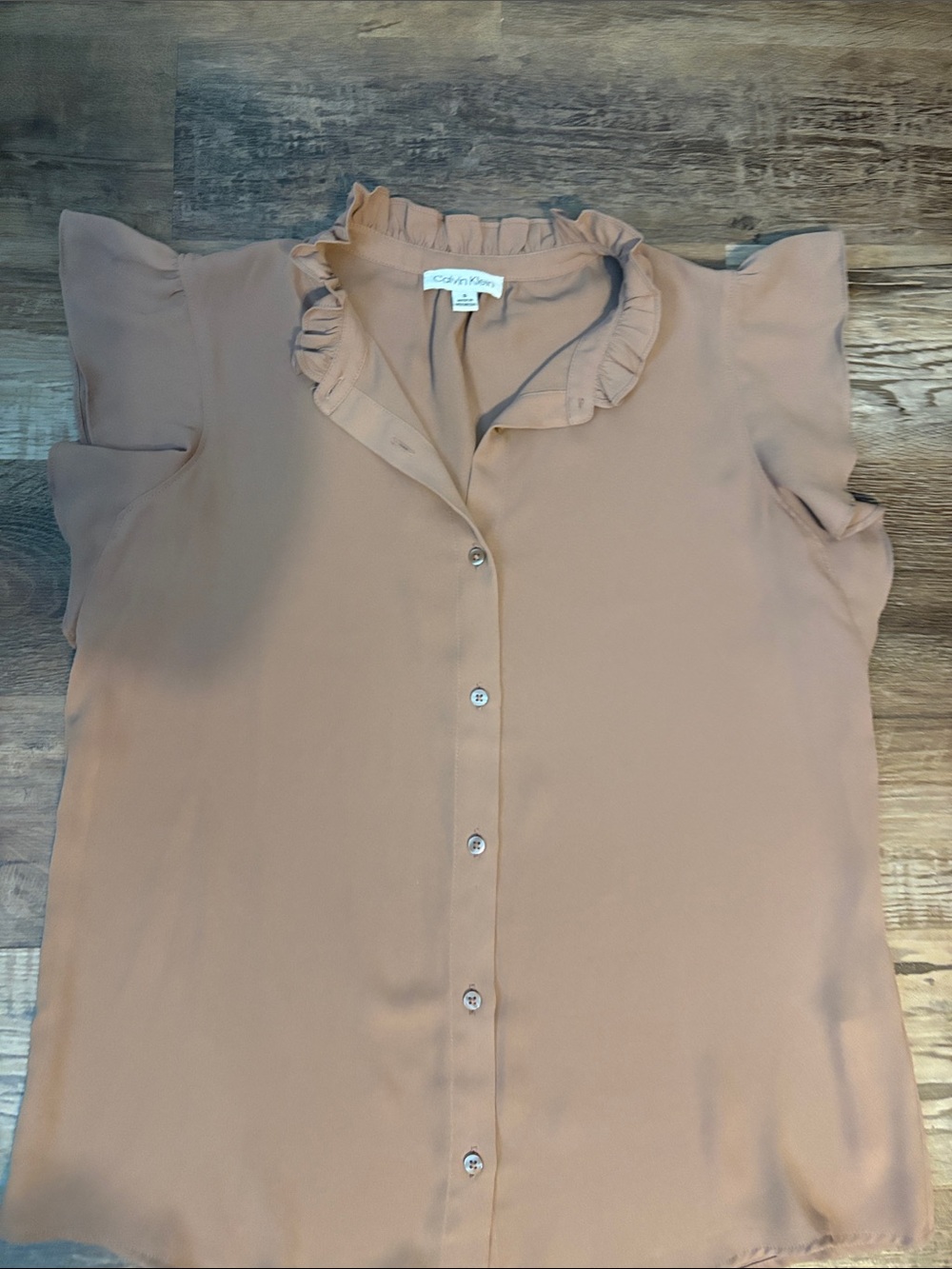 Calvin Klein Light brown Ruffle-Neck Button Blouse - Picture 3 of 3